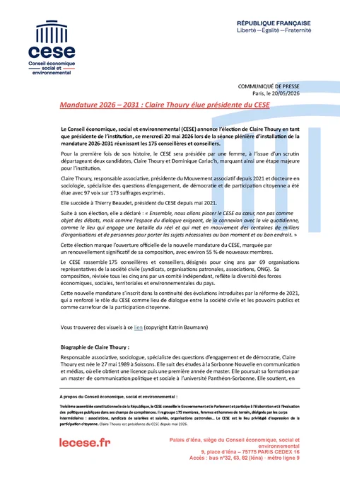 Communiqué de presse annonçant l'élection de Claire Thoury à la présidence du CESE 

Page 1/2