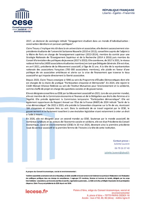 Communiqué de presse annonçant l'élection de Claire Thoury à la présidence du CESE 

Page 2/2