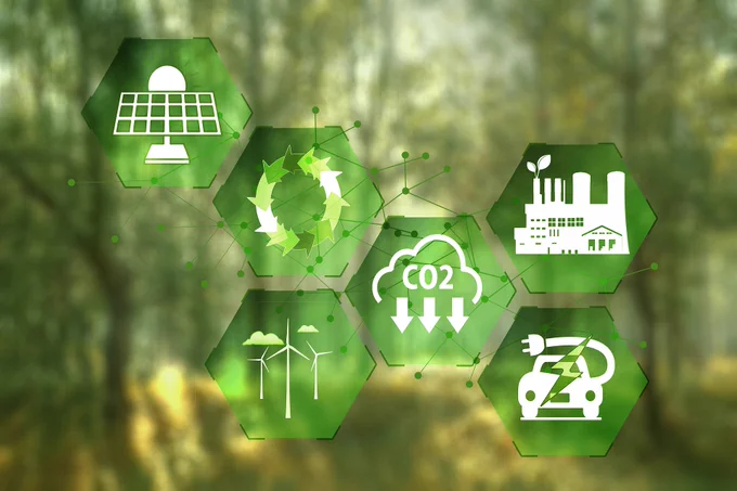 Decorative panel featuring green symbols representing sustainability and renewable energy over a photograph of a wood.