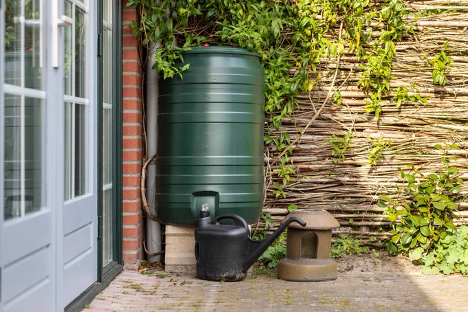 A picture showing a water butt and watering can in a garden.