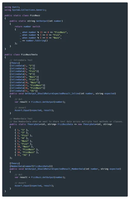 xUnit Parameterized Test example using Fizz Buzz algorithm