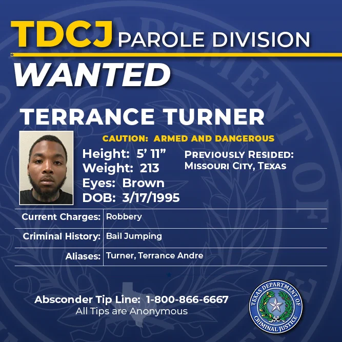 TDCJ has issued a warrant for the arrest of Terrance Turner for failure to comply with his supervision.

Got information? Call 1-800-866-6667