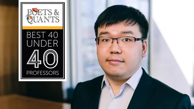 Yichen-Zhang is seen in a professional setting, standing indoors with a blurred office background. A "Poets & Quants Best 40 Under 40 Professors" banner is displayed on the left side of the image.