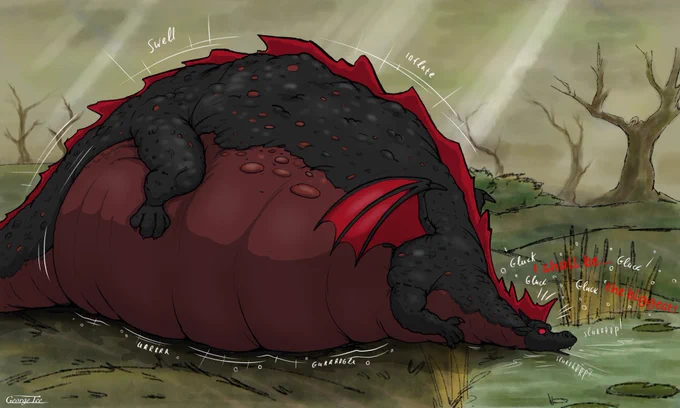This is actually a picture, inspired by a story written by Written by Sigil-Prince and Alfyn, how the greedy and stupid Silkbelly been tricked and popped by a Derrow the fox. He made him drink the swamp dry to swell up and be “as huge and legends tell”. Eventually the dragon popped himself, trying to escape from the fox, in desperate attempt to save his huge belly. 

So as you can see, the dragon is already swollen like a blimp, he’s gonna chug even more to get even bigger! 