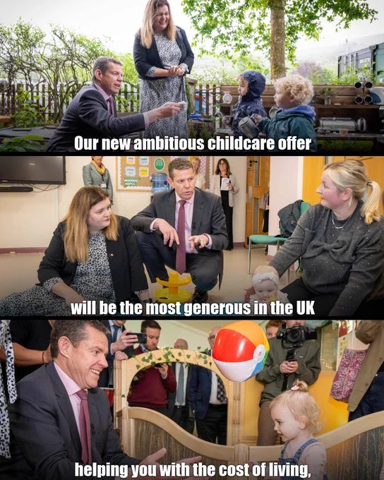 Collage of FM and DFM and young children interacting in indoor and outdoor childcare settings with toys. On-screen text reads: “Our new ambitious childcare offer will be the most generous in the UK helping you with the cost of living, Providing 20 hours of funded childcare each week for 48 weeks of the year for all children aged 9 months to 4 years old."