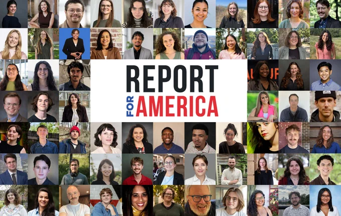 Collage graphic featuring headshots of 78 incoming Report for America corps members from across the United States surrounding the Report for America logo in the center. The diverse group of journalists is shown in a grid of portrait photos representing local newsrooms and communities nationwide.
