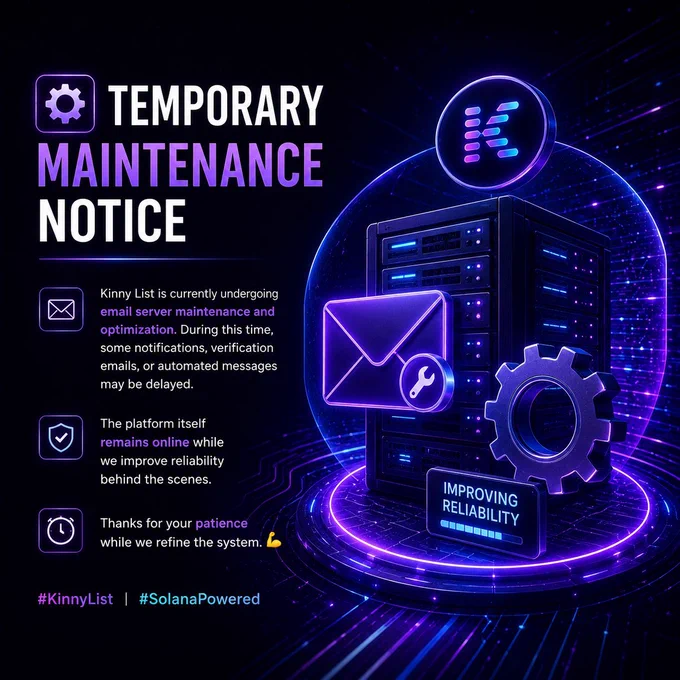 Futuristic neon server infrastructure surrounded by glowing maintenance elements and digital energy flows, symbolizing behind-the-scenes optimization, improved reliability, and ongoing system upgrades within the Kinny List platform while core services remain active