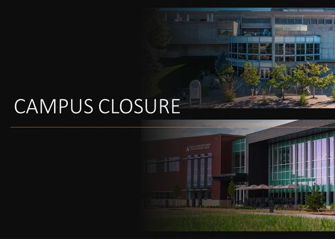 Modern university buildings shown with a notice about campus closure against a dark background.