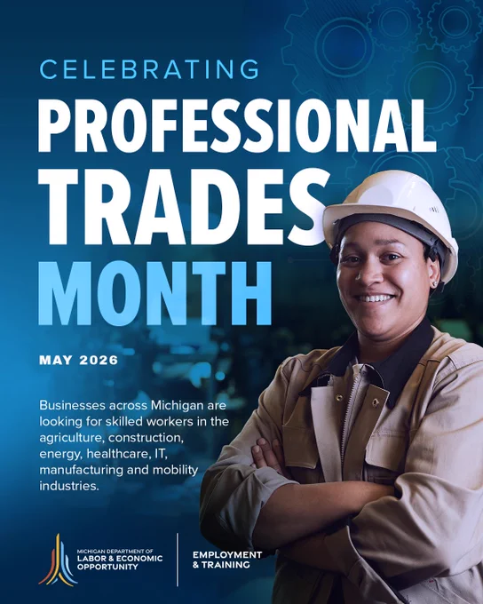 Celebrating Professional Trades Month graphic of young woman wearing a jacket and a white hard hat.