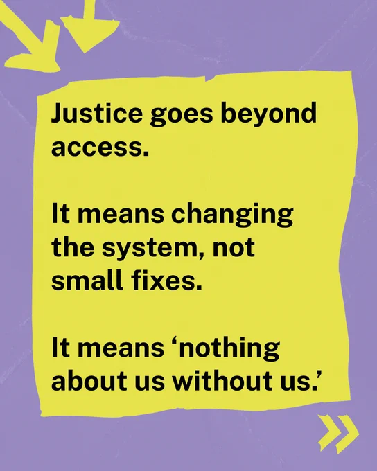 A purple background with yellow arrows. Bold black text on a yellow background reads: Justice goes beyond access. It means changing the system, not small fixes. It means 'nothing about us without us.'