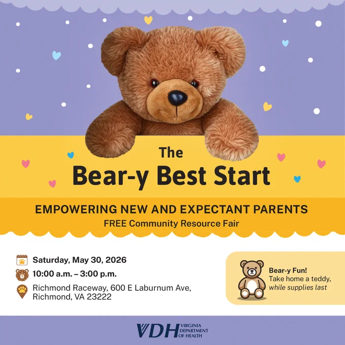 A plush teddy bear above text promoting 'The Bear-y Best Start' event for new and expectant parents, with event details and a free teddy giveaway.