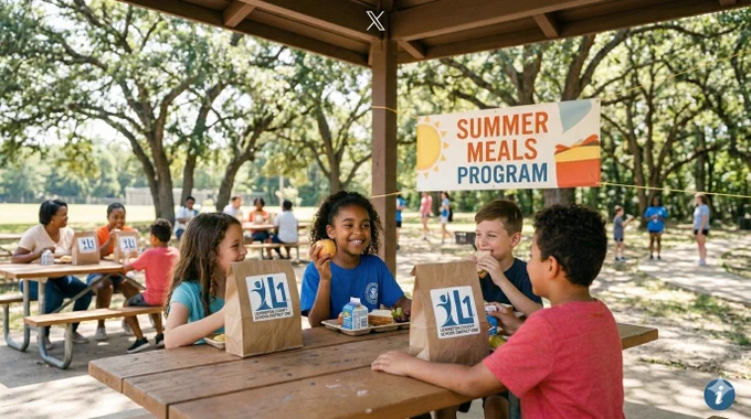 Students eat a summer meal at a picnic table.