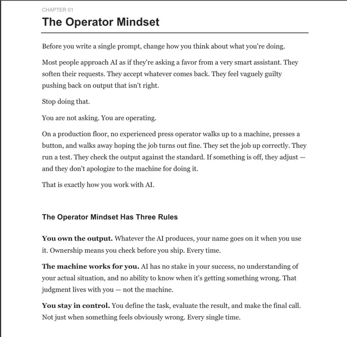 Page from The Tinajero Protocol ebook by Mario Tinajero showing Chapter 01: The Operator Mindset. Text reads "You are not asking. You are operating." with three rules for working with AI: you own the output, the machine works for you, you stay in control.