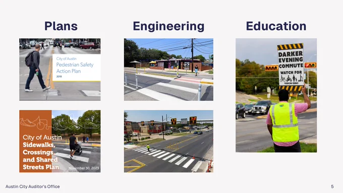 The image shows various street crossings and labels them Plans, Engineering, and Education.