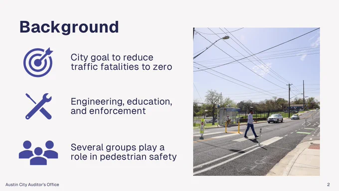 A slide with a list of background information related to pedestrian safety.