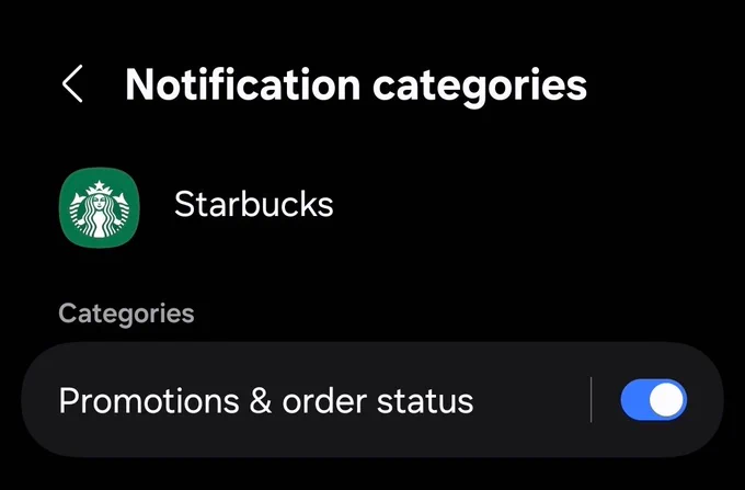 Starbucks app notification settings on Android, with a single on off switch for both order status and promotional notifications