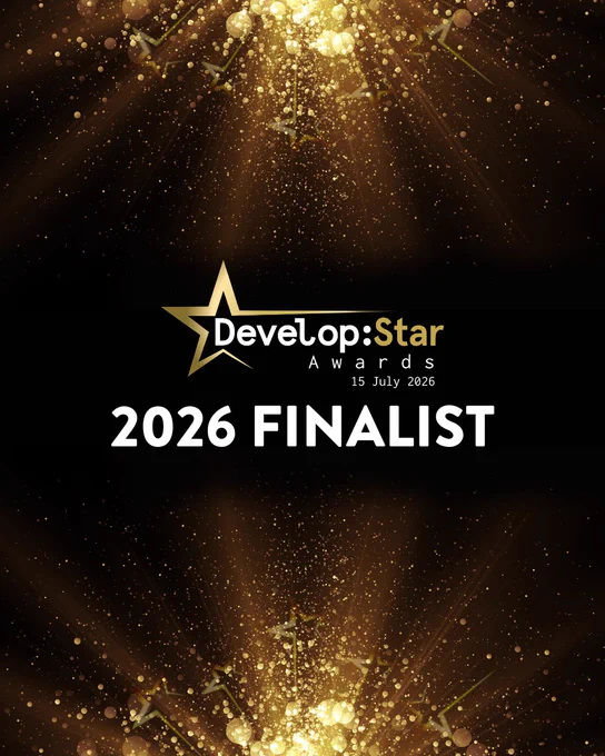 Elegant announcement graphic for the Develop:Star Awards 2026 finalists, featuring a bold star design and sparkling golden particles against a dark background. The image conveys a sense of excitement and prestige.
