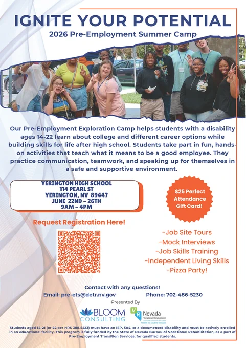 Group of diverse teens smiling and posing outdoors, promoting a summer camp for students with disabilities to explore careers and life skills.