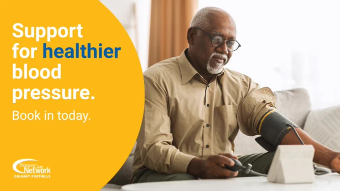 A elderly man checks his blood pressure. A caption reads "Support for healthier blood pressure. Book in today."