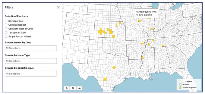 Example screenshot from the Crop Lookout web tool showing pest finds. 