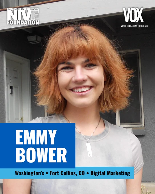 A person with styled reddish-brown hair smiling warmly at the camera. The image features text overlays indicating their name and affiliation with the National Independent Venue Foundation.