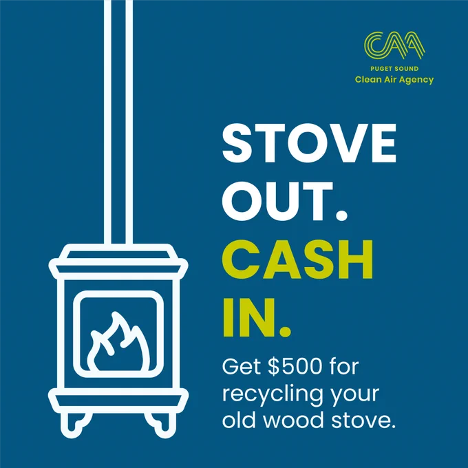 graphic of a wood stove and text saying stove out cash in, get $500 for recycling your old wood stove
