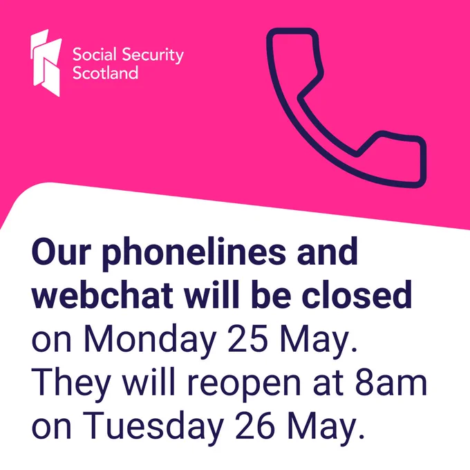Our phonelines and webchat will be closed on Monday 25 May. 

They will reopen at 8am on Tuesday 26 May.