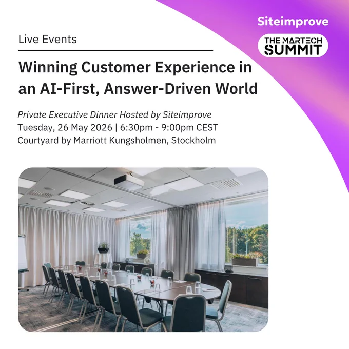 Promotional graphic for a Siteimprove live event, co-branded with The MarTech Summit. Headline: "Winning Customer Experience in an AI-First, Answer-Driven World." Subtext: "Private Executive Dinner Hosted by Siteimprove, Tuesday, 26 May 2026, 6:30pm to 9:00pm CEST, Courtyard by Marriott Kungsholmen, Stockholm." Below the text is a photo of a long boardroom-style dining table set for guests, with chairs lined up on each side and large windows letting in natural light.