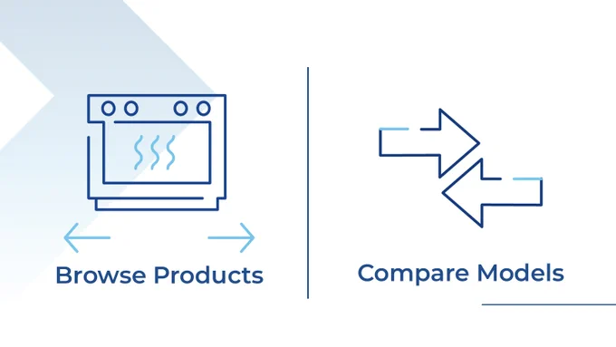And image of a stove and arrows and text that reads "browse products" and "compare models"