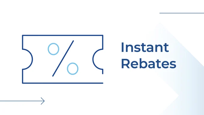 an image of a raffle style ticket with a percentage sign on it that reads "instant rebates"