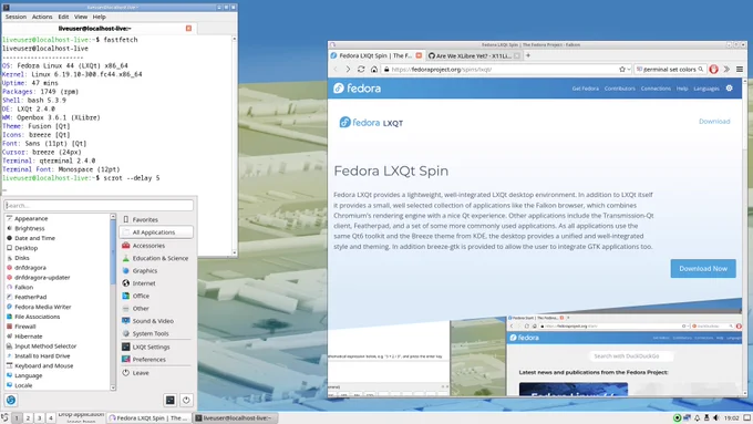 A screenshot of XLibre running on the Fedora 44 LXQt spin.