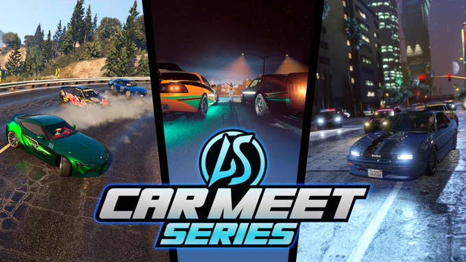Car Meet Series poster featuring a split view showing three illegal street racing events: Drifting, Drag Races, and Pursuit. 