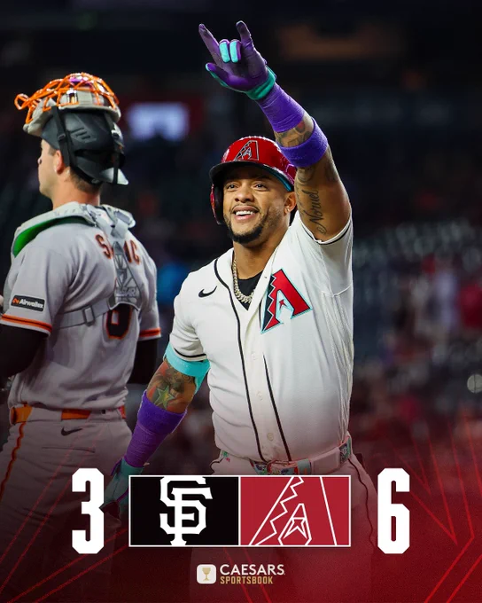 Giants (logo) - 3
Diamondbacks (logo) - 6

The graphic includes an image of Ketel Marte celebrating a home run. He is wearing a white Diamondbacks uniform and red batting helmet.

Caesars Sportsbook (logo)
