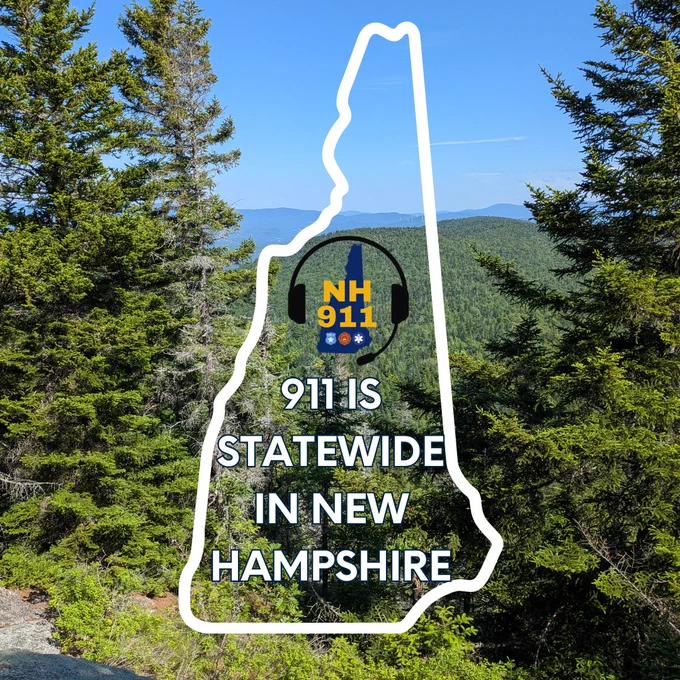 NH 911 headset logo, 911 is statewide in NH, outline of the state of NH and photo of forested landscape.