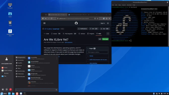 A screenshot of XLibre running on the Fedora 44 Cinnamon spin.