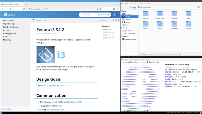 A screenshot of XLibre running on the Fedora 44 i3 spin.
