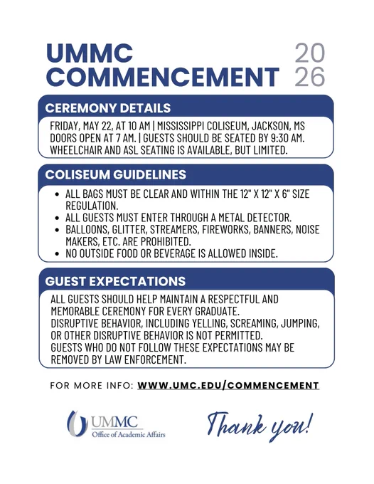 Flyer for UMMC Commencement sharing ceremony details, coliseum guidelines, and guest expectations with the UMMC Academic Affairs logo.