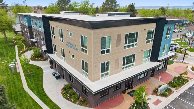 An exterior aerial view of Residences at Willow Park.  Photo courtesy of Mile High Lens. 