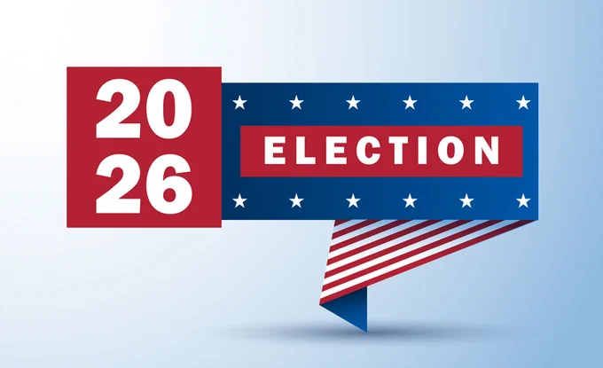 2026 election banner with red, white, and blue colors and stars symbolizing patriotism.