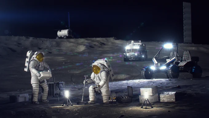 An artist's concept depicting two suited astronauts working on the lunar surface. One is standing next to a surface light, while the other is kneeling; equipment, including rovers and habitations, dot the hilly landscape surrounding them. Credit: NASA