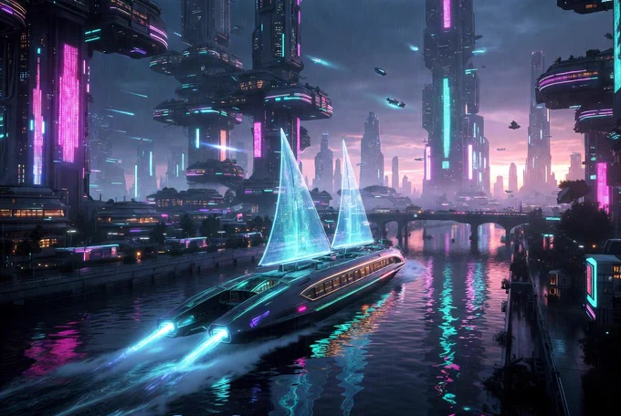 A futuristic cyberpunk canal boat with glowing blue energy thrusters and translucent holographic sails speeds through a rainy neon megacity at dusk. Towering arcology skyscrapers covered in vibrant pink and cyan LED billboards rise on both sides, flying vehicles streak overhead, and the reflective canal water mirrors the dramatic cyberpunk lights in a cinematic Blade Runner atmosphere.