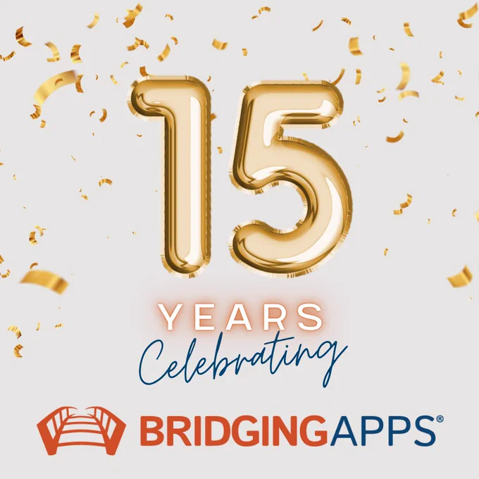 Gold balloon numbers "15" with confetti above the text "Years Celebrating" and "BridgingApps" with a logo of a stylized bridge.