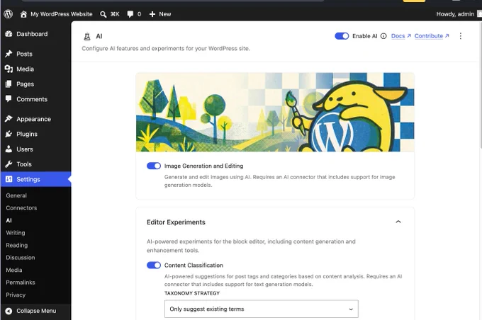 View of Settings, AI, with various toggle switches enabled.  At the top, Wapuu is holding a paintbrush with painted tress at the left and a pixelated blue and white background behind him. 