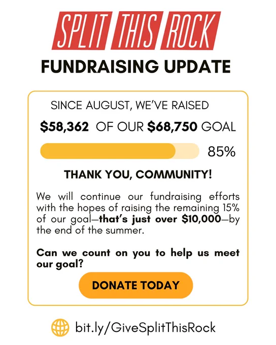 Split This Rock’s red logo & text that reads “FUNDRAISING UPDATE." Below, enclosed in a yellow box, text reads: "Since August, we've raised $58,362  of our $68,750 goal." A yellow progress bar shows 85%. The graphic includes text & a URL from the post.