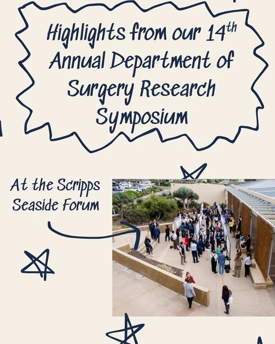Text: Highlights from our 14th Annual Department of Surgery Research Symposium At the Scripps Seaside Forum; Image: people and posters at Scripps Seaside Forum and hand drawn stars
