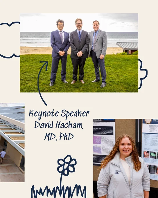 Text: Keynote Speaker David Hackam, MD, PhD; Image: group of three people, including David Hackam, outdoors, person in front of poster smiling and hand drawn flower and clouds
