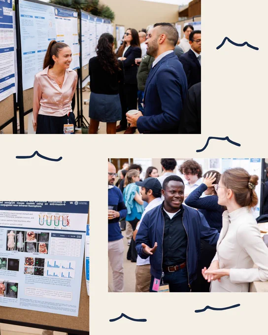Two groups of two people in front of posters talking and hand drawn waves
