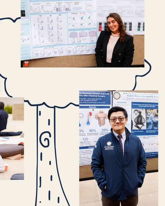 Two people in front of posters smiling and hand drawn tree
