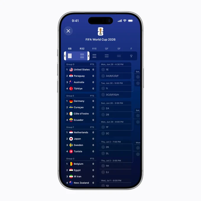 iPhone 17 Pro Max displaying the Apple Sports app showing FIFA World Cup 2026 tournament bracket view. 