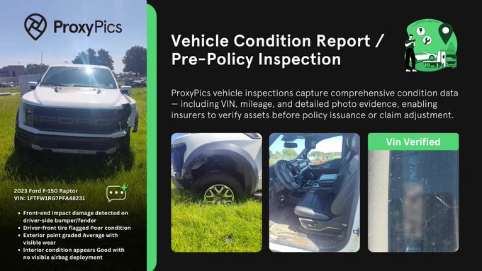 AI-assisted vehicle condition report showing a white 2023 Ford F-150 Raptor with visible front-end damage, VIN verification capture, interior vehicle photos, and exterior inspection images used for pre-policy insurance inspection and vehicle condition documentation by ProxyPics.